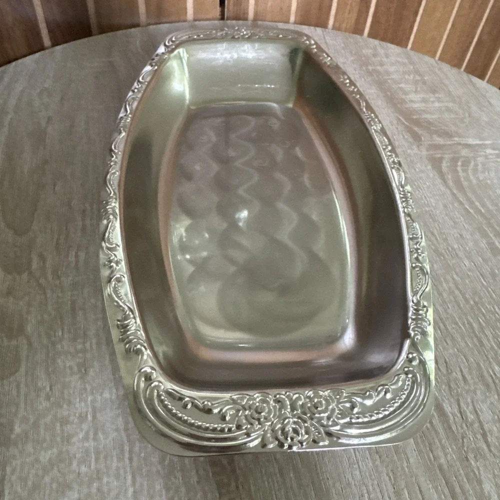 Vintage Silver Tone Floral Trinket Tray Oval Rose Dish Twin Bird Co Japan